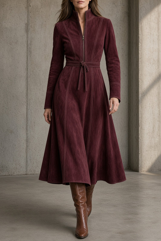 Rosa | Vestido midi con cinturón y cremallera frontal