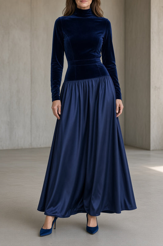 Vivien | Vestido de terciopelo de cuello alto con falda larga fluida