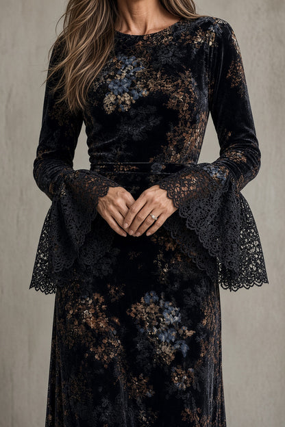 Luna | Vestido largo de terciopelo con mangas de encaje