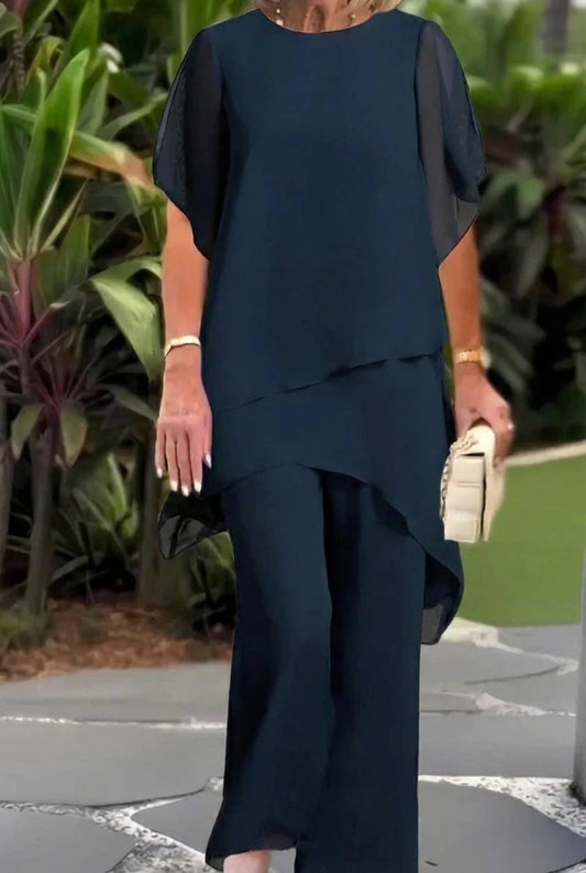 Aída | Conjunto de dos piezas con top asimétrico y pantalones de pernera ancha