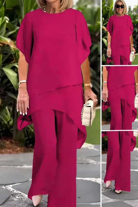 Aída | Conjunto de dos piezas con top asimétrico y pantalones de pernera ancha