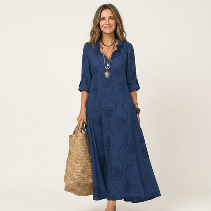 Vestido Maxi Bordado de Algodón-Lino