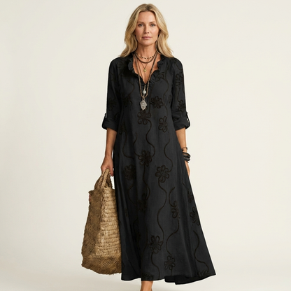 Vestido Maxi Bordado de Algodón-Lino