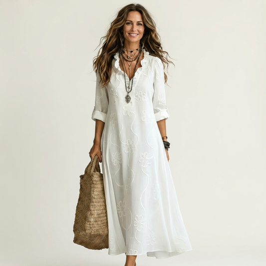 Vestido Maxi Bordado de Algodón-Lino