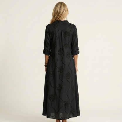 Vestido Maxi Bordado de Algodón-Lino