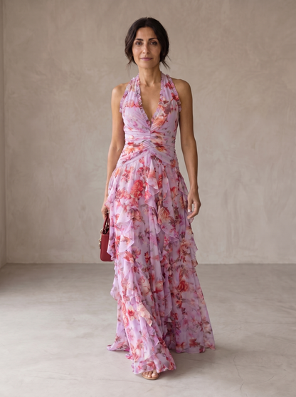 Belladina | Romántica Cascada de Rosas, Vestido Largo con Escote Americano