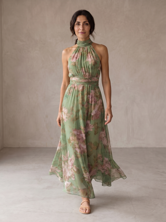 Lidia | Vestido Maxi Halter Floral Elegante