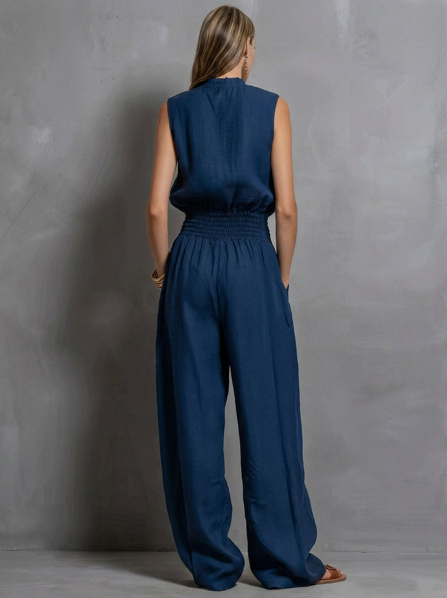 Zenaide | Mono Color Camel con Cuello Alto Anudado y Pernera Ancha