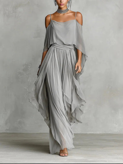 Renata | Conjunto fluido gris con top de tirantes y pantalón ligero