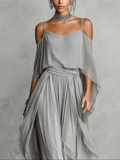 Renata | Conjunto fluido gris con top de tirantes y pantalón ligero