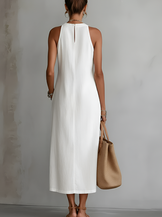 Tatiana | Vestido Midi de Lino con Cuello Mao