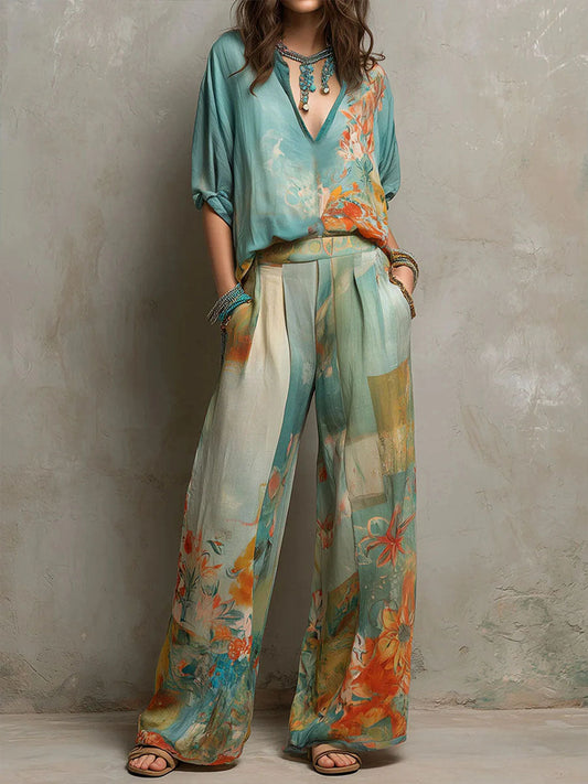 Chiara | Conjunto elegante con estampado floral y pantalón ancho